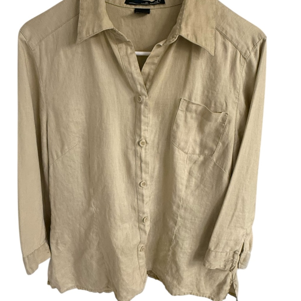 Willi Smith 100% Linen Button Front Shirt Tan Neutral Lightweight Womens Large